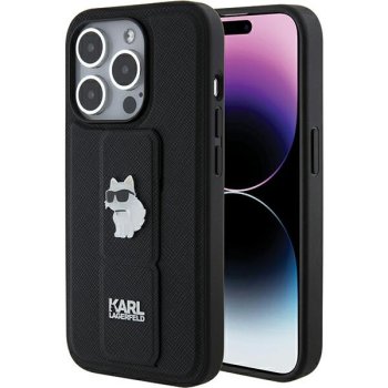 Karl Lagerfeld Gripstand Saffiano Choupette Pins dėklas iPhone 15 Pro Max, juodas