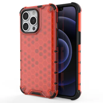Hybrid Armor Case for iPhone 13 Pro with TPU Bumper and Honeycomb Back, Red