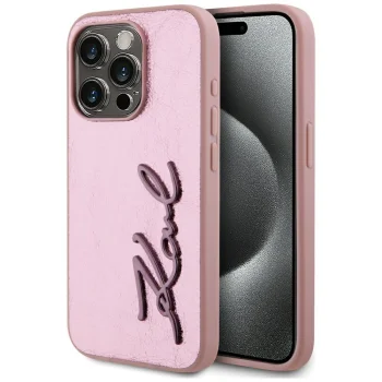 Karl Lagerfeld Wrinkled Metal Signature dėklas iPhone 15 Pro Max, rožinis
