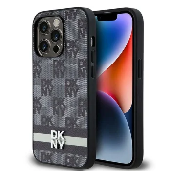 DKNY Leather Checkered Mono Pattern dėklas skirtas iPhone 14 Pro, juodas