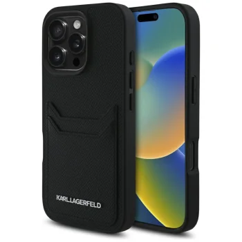 Karl Lagerfeld dėklas, skirtas iPhone 16 Pro Max, su kortelės lizdu, juodas