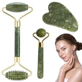 Nefrito masažuoklių rinkinys veidui ir kaklui su Gua Sha