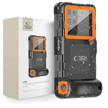 Tech-Protect IPX8 vandeniui atsparus dėklas telefonams 4.7-6.7", juodas / oranžinis