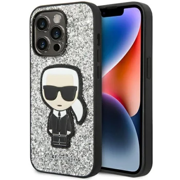 Karl Lagerfeld Glitter Flakes Ikonik dėklas iPhone 14 Pro, sidabrinis
