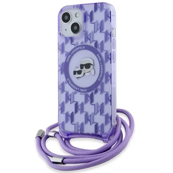 Karl Lagerfeld dėklas iPhone 15 / 14 / 13 su virvele Crossbody Monogram, violetinis