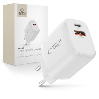 Tech-Protect NCA30 PD 30W QC3.0 USB-A / USB-C įkroviklis, baltas