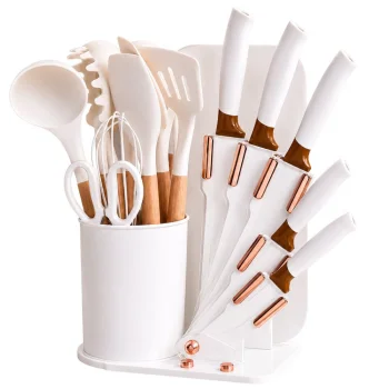 Silicone Kitchen Utensils and Knife Set with Stand, 19 Pieces, White