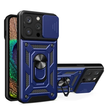Hybrid Armor Camshield Case for iPhone 15 Pro with Camera Cover and Kickstand, Blue
