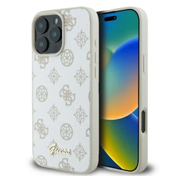 Guess dėklas iPhone 16 Pro telefonui Peony Script Logo MagSafe, baltas