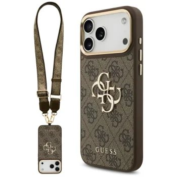 Guess 4G Classic Logo dėklas su dirželiu iPhone 17 Pro Max, rudas