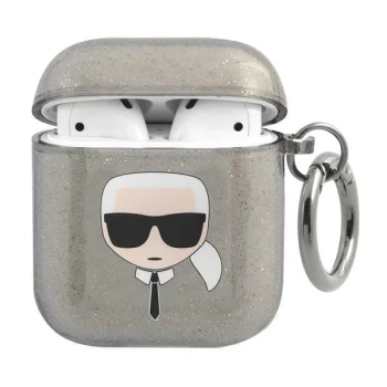 Karl Lagerfeld Apple AirPods 1 / 2 dėklas Glitter Karl`s Head, juodas