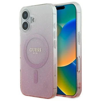 Guess dėklas iPhone 16 telefonui IML Glitter Gradient MagSafe, rožinis
