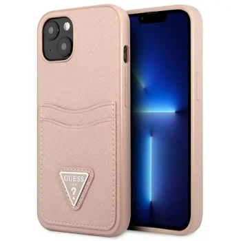 Guess Saffiano Triangle Logo dėklas su kortelių dėtuve iPhone 13, rožinis