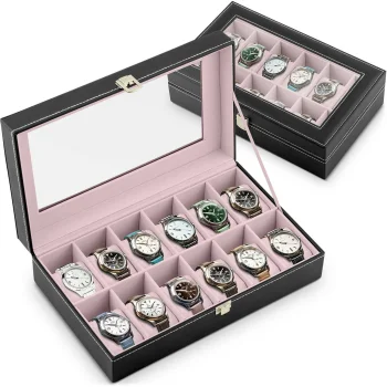 Massido 12-Slot Watch Box Organizer MS-710, Black & Salmon