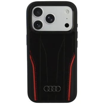 Audi R8 Genuine Leather MagSafe dėklas telefonui iPhone 18 Pro / 17 Pro, juodas ir raudonas