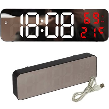 Digital LED clock with alarm, thermometer, mirror display, USB, black