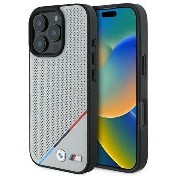 BMW dėklas iPhone 16 Pro telefonui M Perforated Tricolor Line MagSafe, pilkas