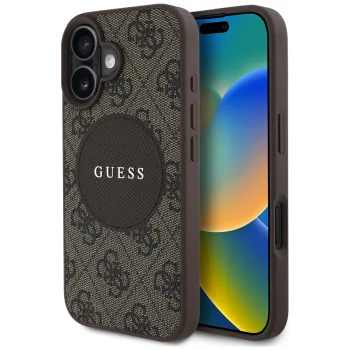 Guess 4G Circle Classic Logo MagSafe dėklas telefonui iPhone 16, rudas