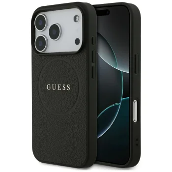 Guess Grained Ring MagSafe dėklas iPhone 17 Pro - juodas