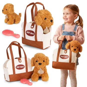 Plush Toy Dog in Purse Brown Poodle with Grooming Brush