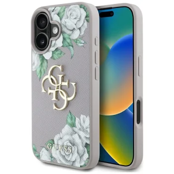 Guess Grained Roses Big 4G Logo Case for iPhone 16 - Purple