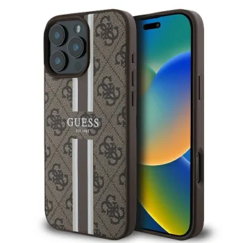 Guess dėklas iPhone 16 Pro telefonui 4G Printed Stripes MagSafe, rudas