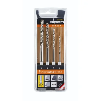 Medžio grąžtų rinkinys Alpen ATM 4 HSS, 1/4" šešiakampis kotelis, 4 vnt. (3–6 mm)