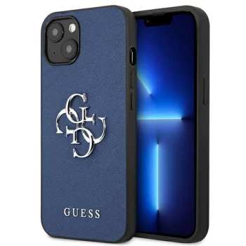 Guess Saffiano 4G Metal Logo dėklas iPhone 13 mini, Mėlynas