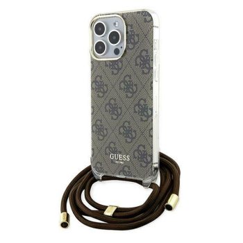 Guess dėklas iPhone 15 Pro telefonui Crossbody Cord 4G Print, rudas