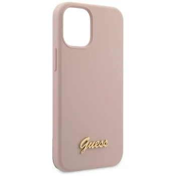 Guess iPhone 12 mini dėklas Silicone Script Gold Logo, šviesiai rožinis