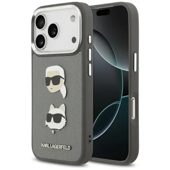 Karl Lagerfeld Grained Karl & Choupette Heads Pins dėklas iPhone 17 Pro, pilkas
