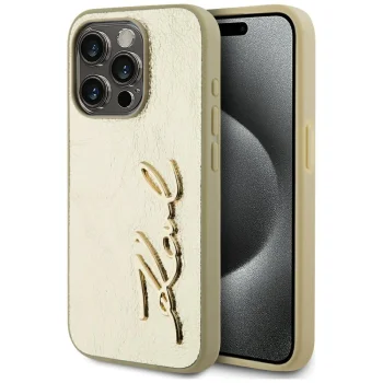 Karl Lagerfeld Wrinkled Metal Signature dėklas telefonui iPhone 15 Pro Max 6.7", auksinis