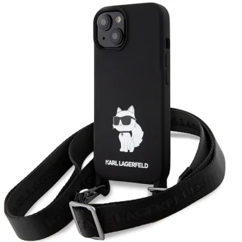 Karl Lagerfeld dėklas iPhone 15 su virvele Crossbody Silicone Choupette, juodas