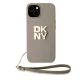 DKNY dėklas iPhone 15 Plus telefonui su riešo dirželiu, smėlio spalvos
