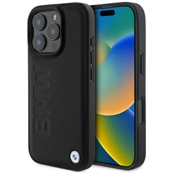 BMW dėklas iPhone 16 Pro Max Leather Hot Stamp MagSafe, juodas