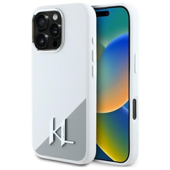 Karl Lagerfeld dėklas iPhone 16 Pro, Silicone Shadow Metal Initial MagSafe, baltas