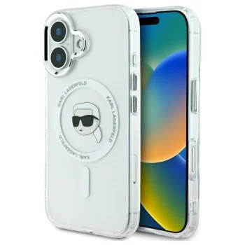 Karl Lagerfeld dėklas iPhone 16 Plus telefonui IML Metal Karl Head MagSafe, baltas