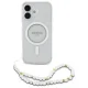 Guess dėklas iPhone 16 Plus telefonui IML Glitter su perlų dirželiu MagSafe, skaidrus