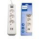 Philips Power Strip SPN3032WA/60 with 3 AC Outlets 2 USB Ports 6.5 ft, white