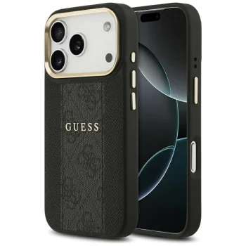 Guess dėklas iPhone 17 Pro telefonui 4G PU Stripe MagSafe, juodas