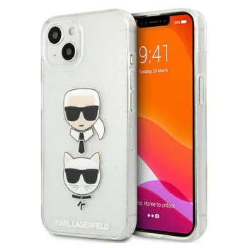 Karl Lagerfeld iPhone 13 mini dėklas Glitter Karl's & Choupette, sidabrinis