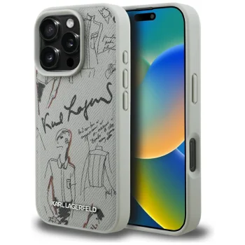 Karl Lagerfeld Grained Pattern & Logo MagSafe Case for iPhone 16 Pro, Gray