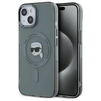 Karl Lagerfeld dėklas iPhone 15 telefonui, MagSafe IML Metal K. Head, juodas