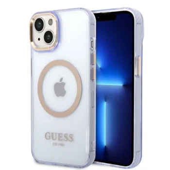 Guess Case for iPhone 14 Gold Outline Translucent MagSafe Purple