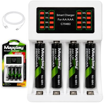 Maxday AA/AAA baterijų įkroviklis su LED indikatoriumi ir 4x AAA, USB-C, baltas