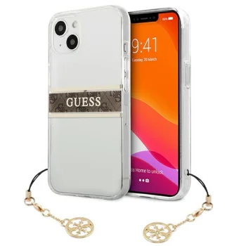 Guess iPhone 13 mini dėklas 4G Strap Charm, skaidrus / rudas