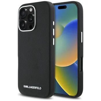 Karl Lagerfeld dėklas iPhone 16 Pro Max Saffiano Metal Logo MagSafe, juodas