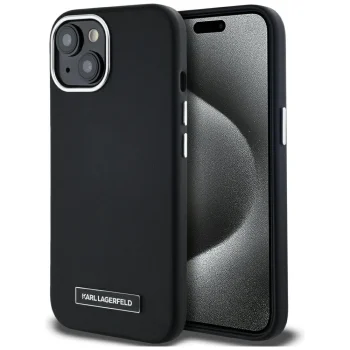 Karl Lagerfeld FW Metal Plate MagSafe dėklas telefonui iPhone 15, juodas