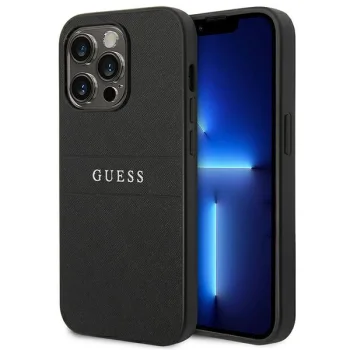 Guess dėklas iPhone 14 Pro telefonui Saffiano Strap, juodas