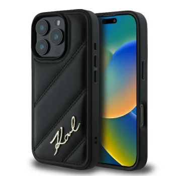 Karl Lagerfeld Diagonal Quilted Script dėklas iPhone 16 Pro Max, juodas
